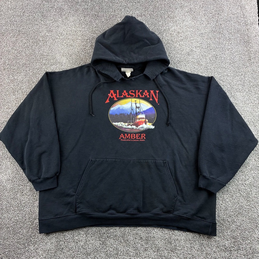 Vintage Alaskan Amber Ale Hoodie Mens 2XL Black Beer Drinking Fishing Boat